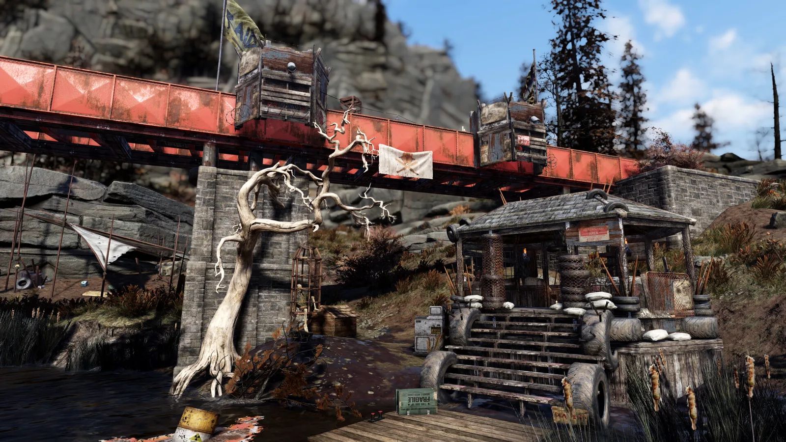 Лагерь выживших в Аппалачии — мир Fallout 76 с укреплённым мостом
