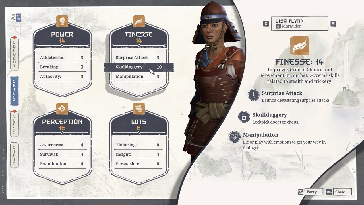 Экран навыков в Expeditions: Samurai — характеристики Power, Finesse, Perception и Wits с расшифровкой навыков персонажа