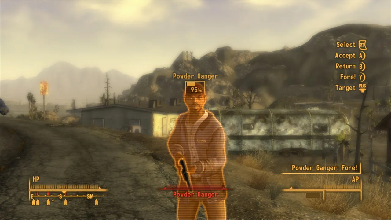 Режим V.A.T.S. в Fallout New Vegas: прицеливание в члена банды Powder Ganger, шкала очков действия и меню частей тела