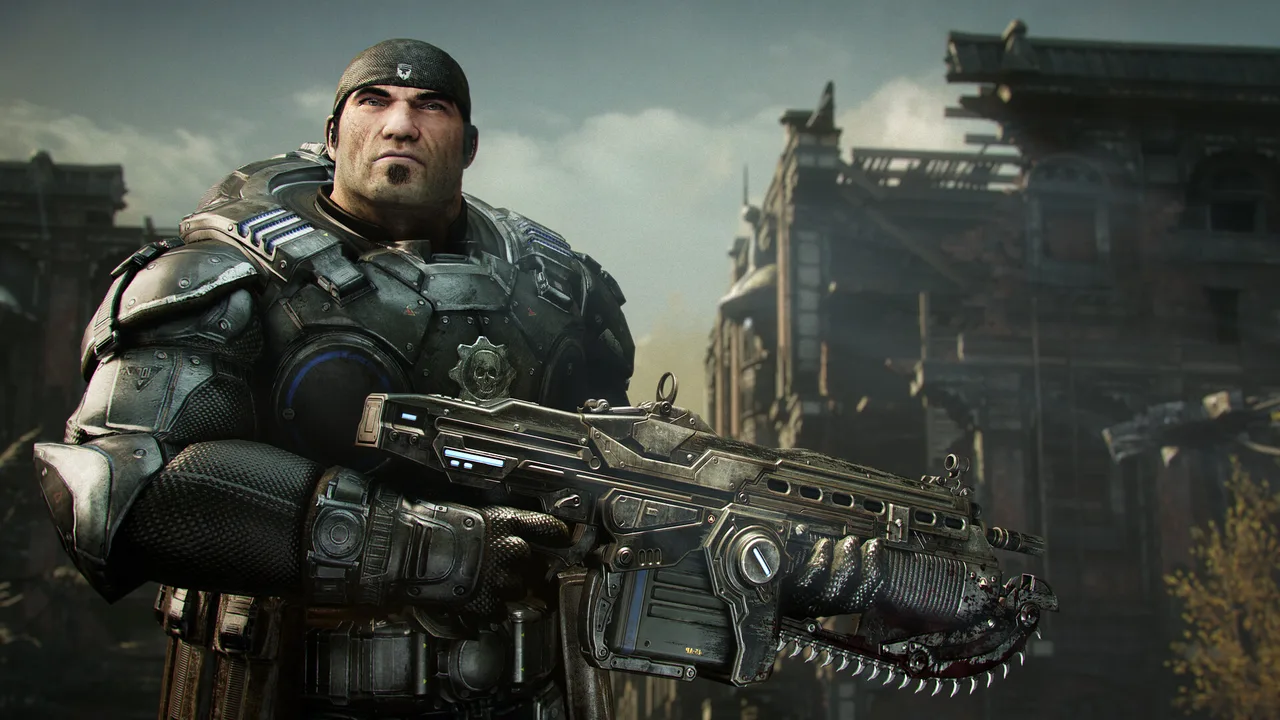 Перестрелка из-за укрытия в ремастере Gears of War: Reloaded — боец КОГ с винтовкой Lancer у бетонного блока