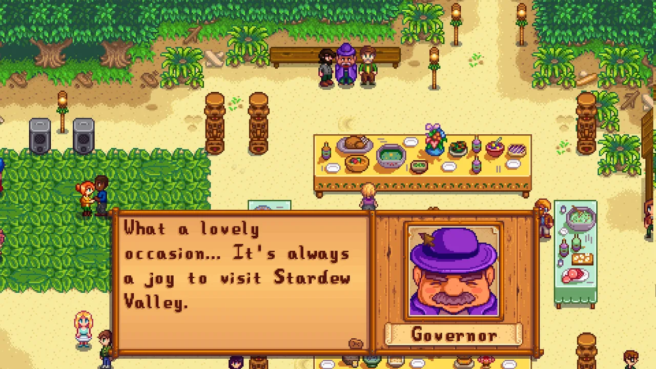 Праздник Луау на пляже в Stardew Valley: жители у длинного стола с угощениями и диалог с губернатором в фиолетовой шляпе