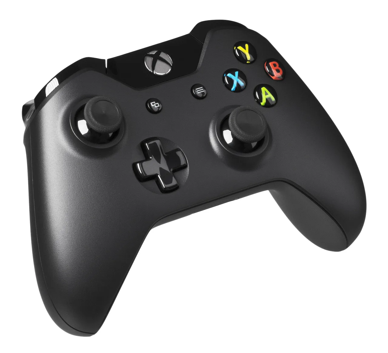 Чёрный геймпад Xbox One на белом фоне: асимметричные стики, крестовина, кнопки ABXY и кнопка Xbox