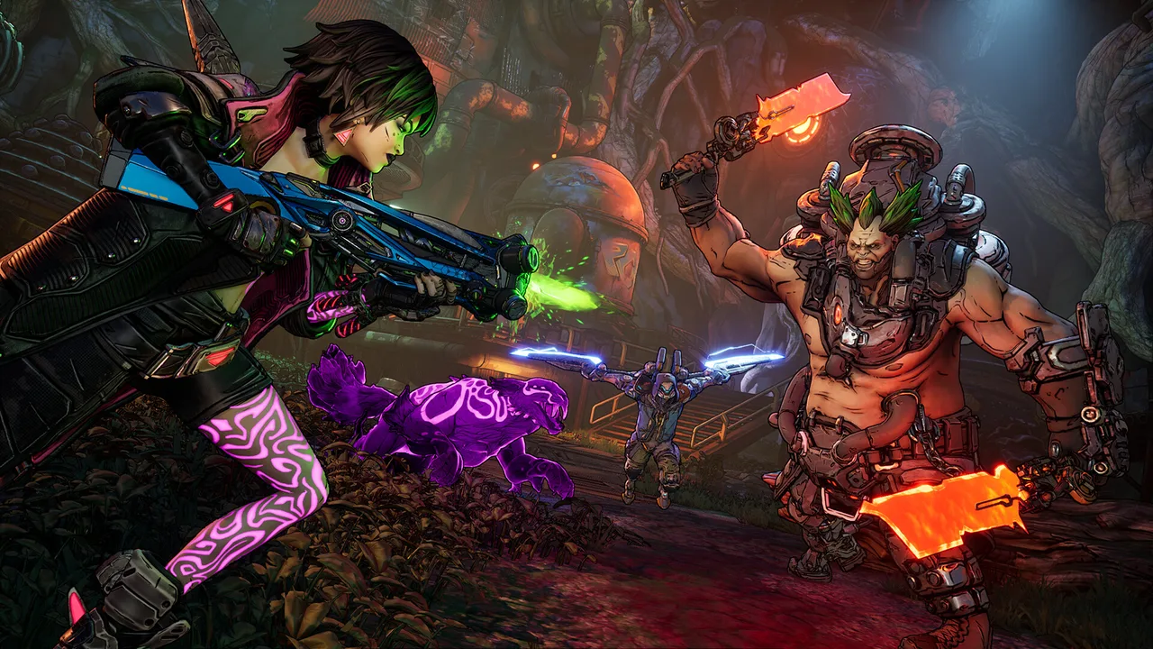 Сирена Vex в Borderlands 4 стреляет из винтовки, рядом фазовый компаньон Trouble бросается на психа с огненными клинками