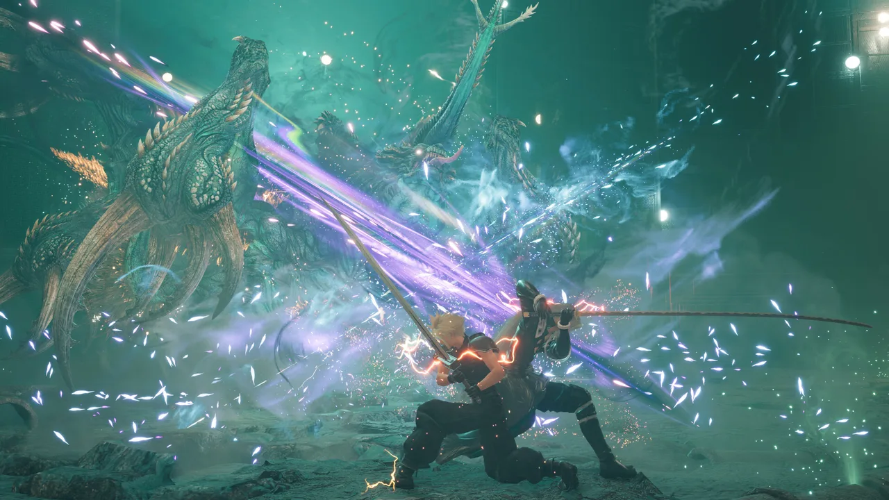 Клауд и Сефирот в Final Fantasy VII Rebirth проводят совместную синергетическую атаку против огромного зелёного дракона