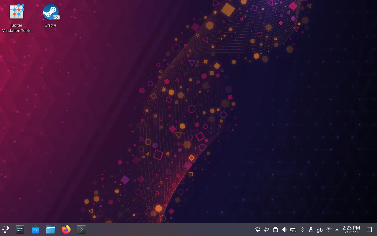 Режим рабочего стола Steam Deck: оболочка KDE Plasma с панелью задач, меню приложений и обоями на экране 1280x800